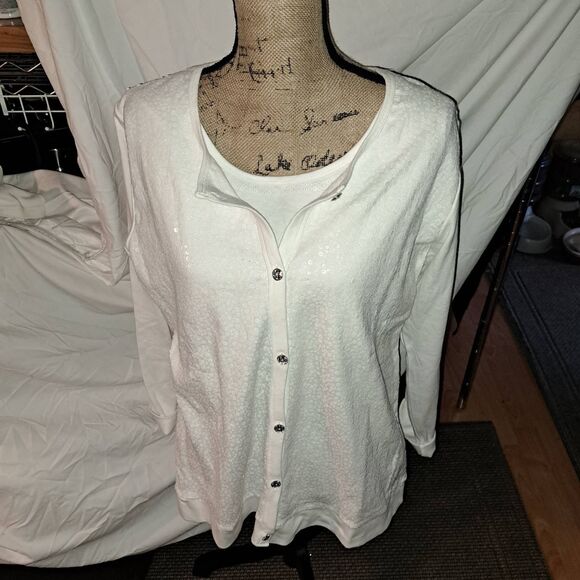 NEW Winter White Quaker factory Cardigan & attached Tee Crystal Buttons Large - Picture 8 of 12